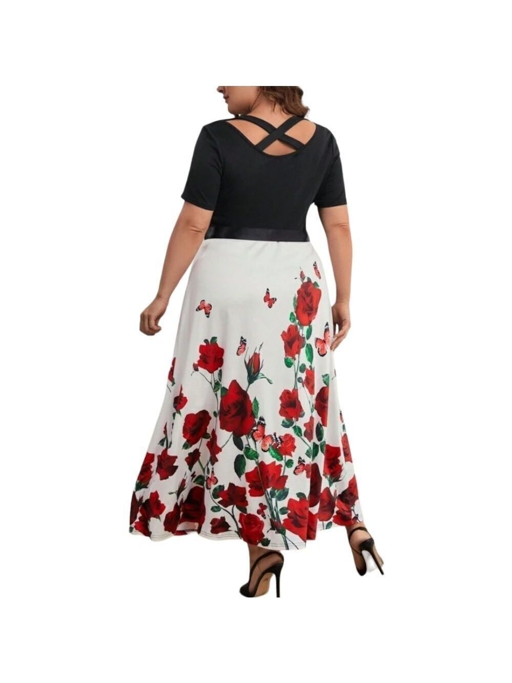 Shein Maxi Black Top White Red Rose's Bottom Size 4XL - Picture 1 of 7